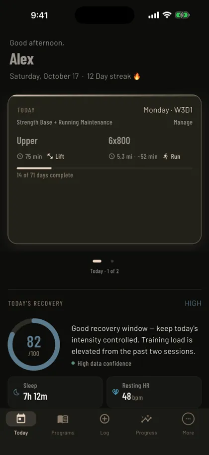 Mass in Motion Today screen showing the day's lift and run, recovery score, and coach notes