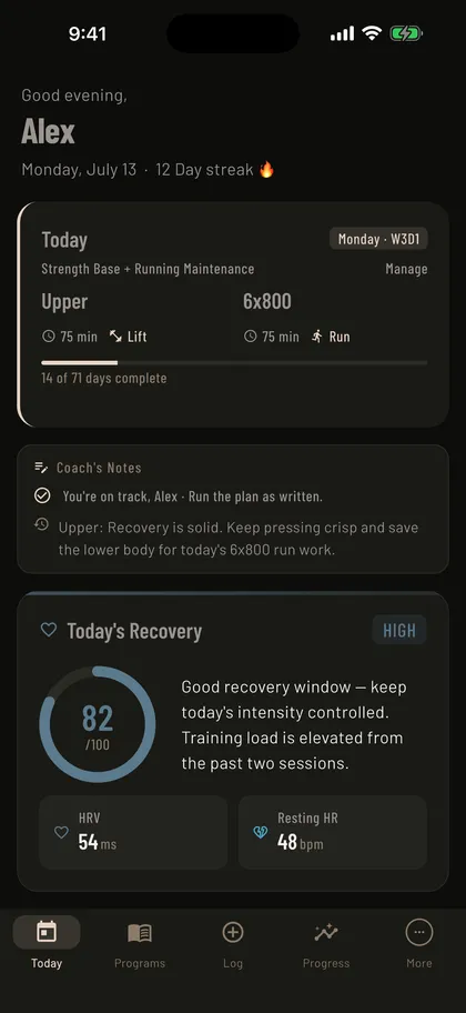 Mass in Motion Today screen showing the day's lift and run session, recovery score, and coach notes