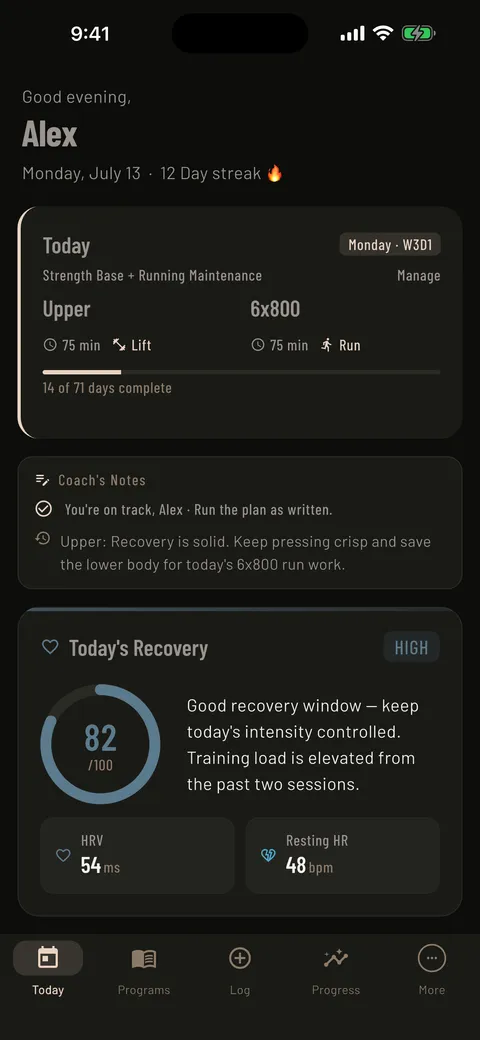 Mass in Motion Today screen showing today's scheduled lift and run, recovery score, and coach notes