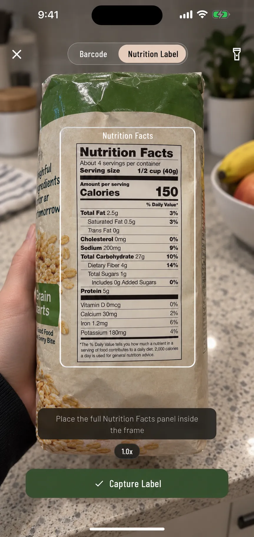 Mass in Motion Nutrition Facts scanner reading calories and macros from packaging