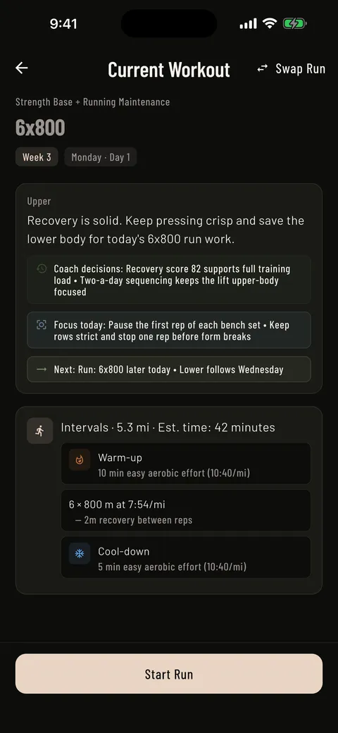 Mass in Motion workout screen listing today's prescribed sets, reps, and load