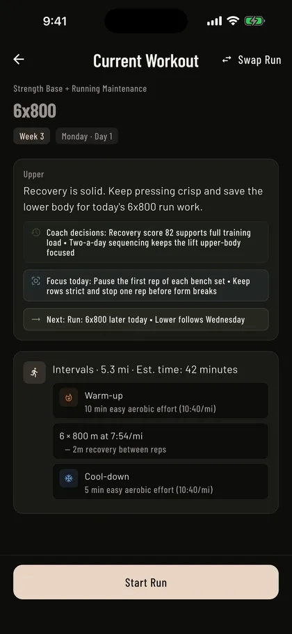 Mass in Motion workout screen listing today's prescribed sets, reps, and load