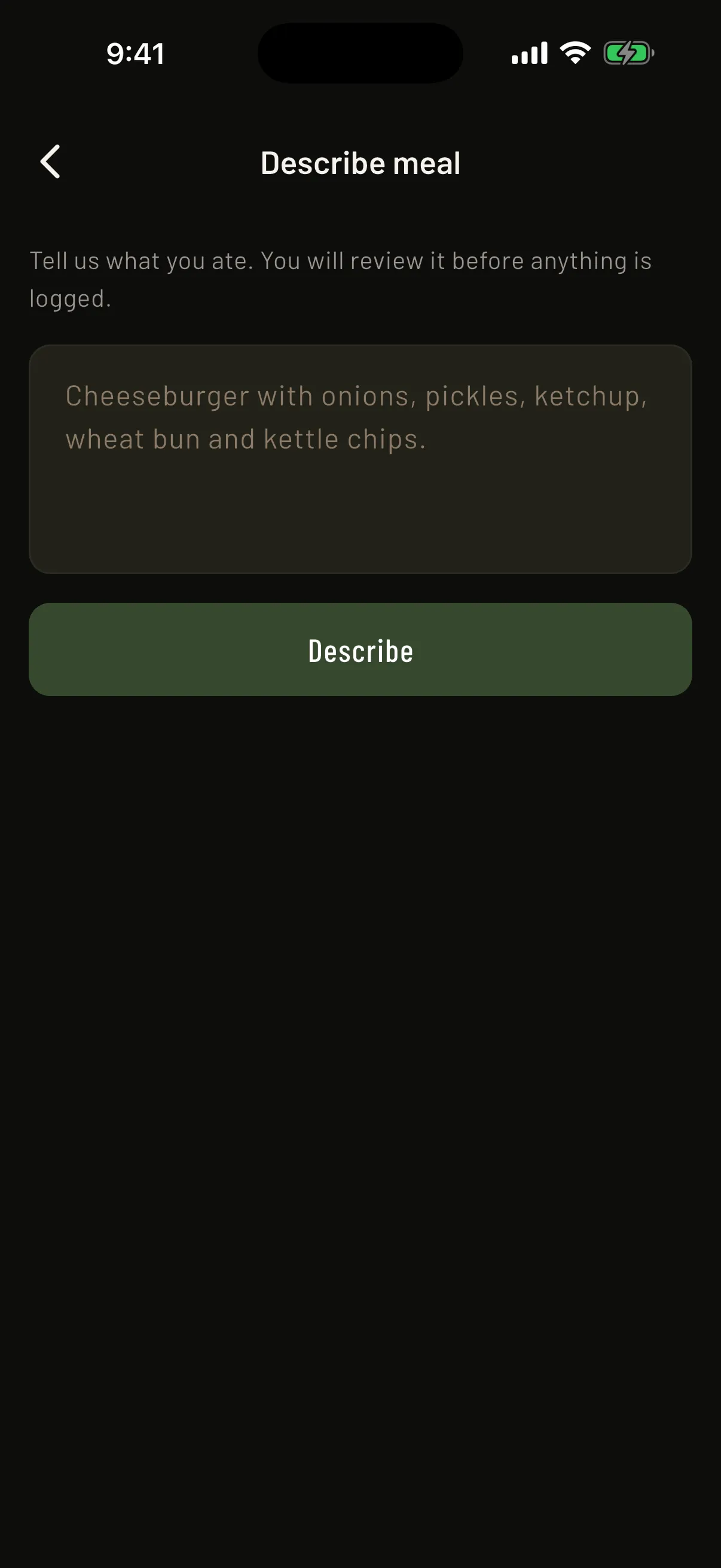 Mass in Motion Describe Meal screen parsing a typed meal into discrete items