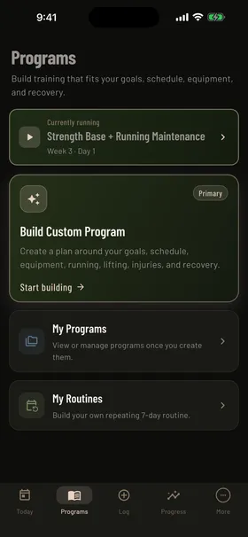 Programs screen showing a lifting split and running plan