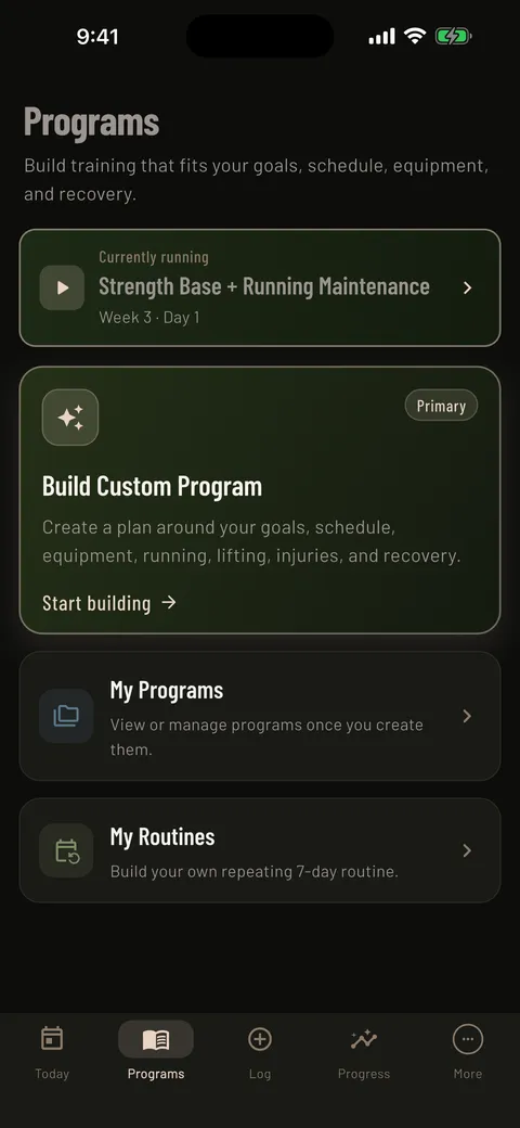 Mass in Motion Programs screen showing a lifting split and running plan together