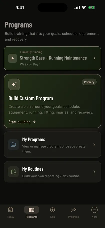 Mass in Motion Programs screen showing a lifting split and running plan together