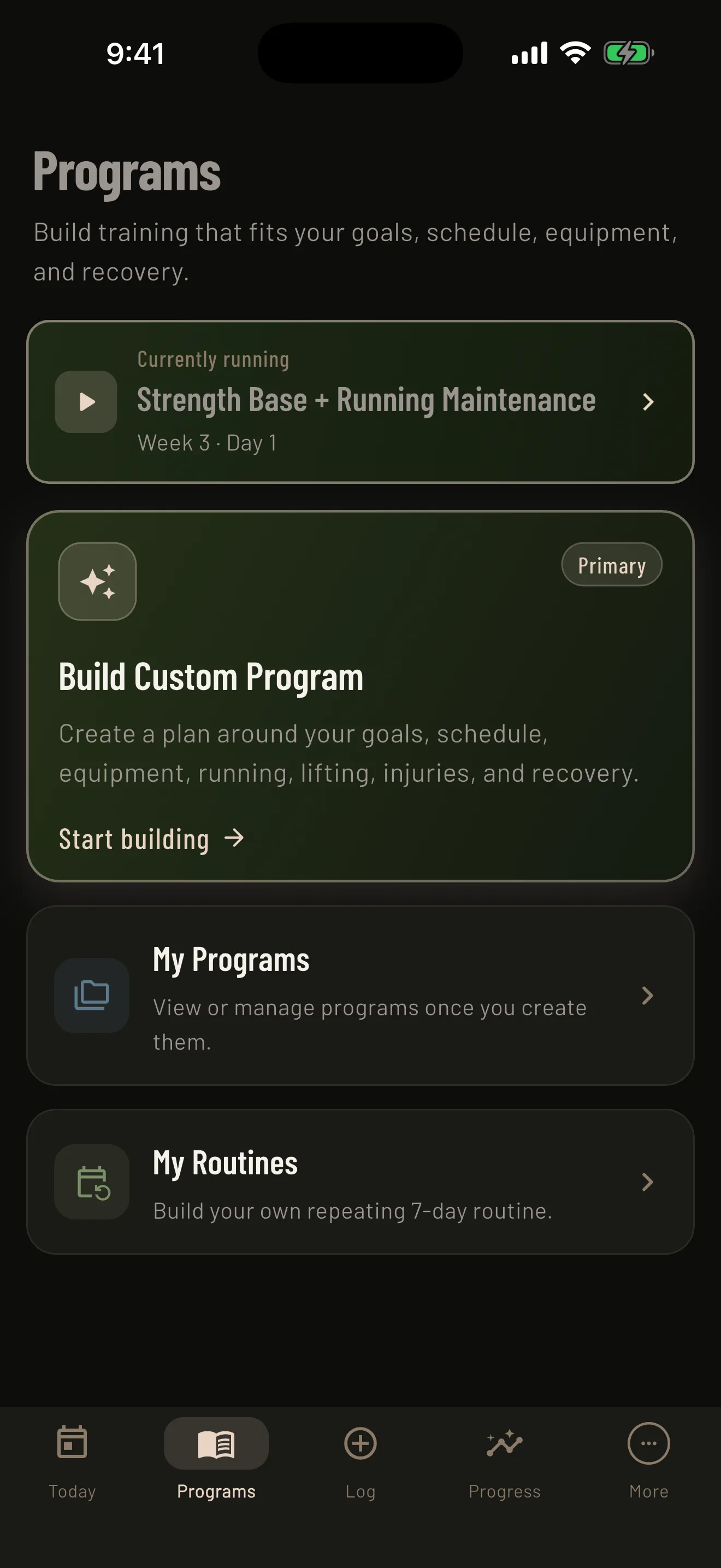 Mass in Motion Programs screen showing concurrent lifting split and running plan