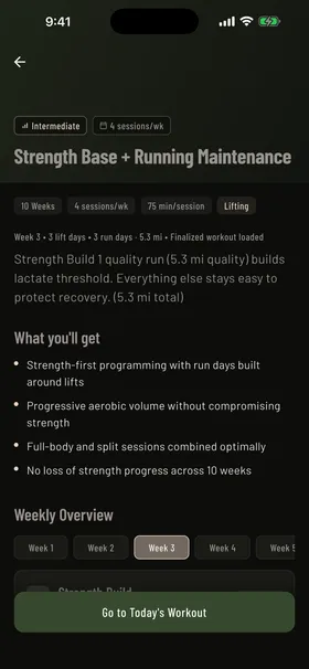 Program Overview screen showing the full multi-week training schedule