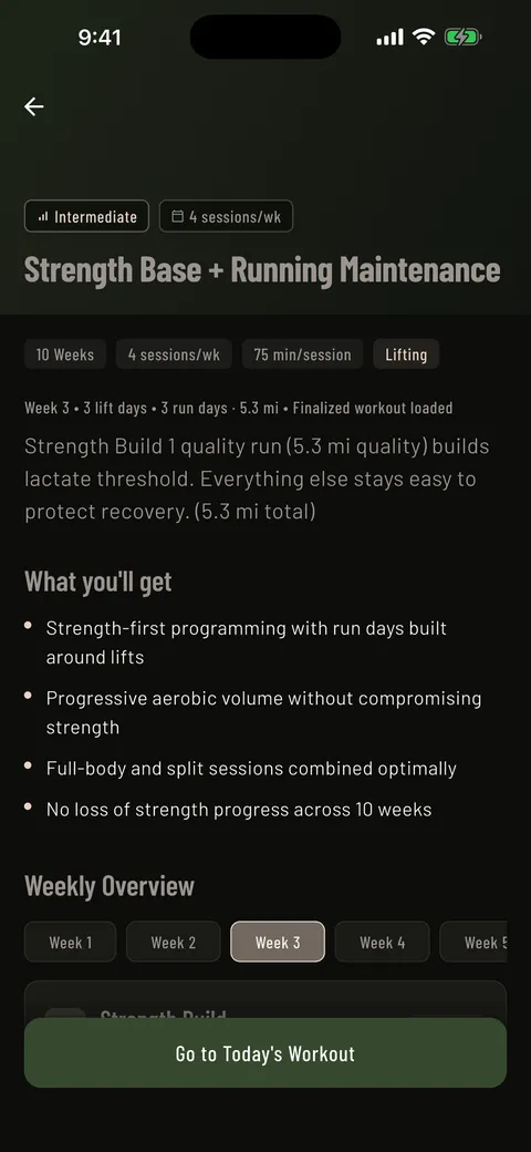 Mass in Motion Program Overview screen showing the full multi-week training schedule