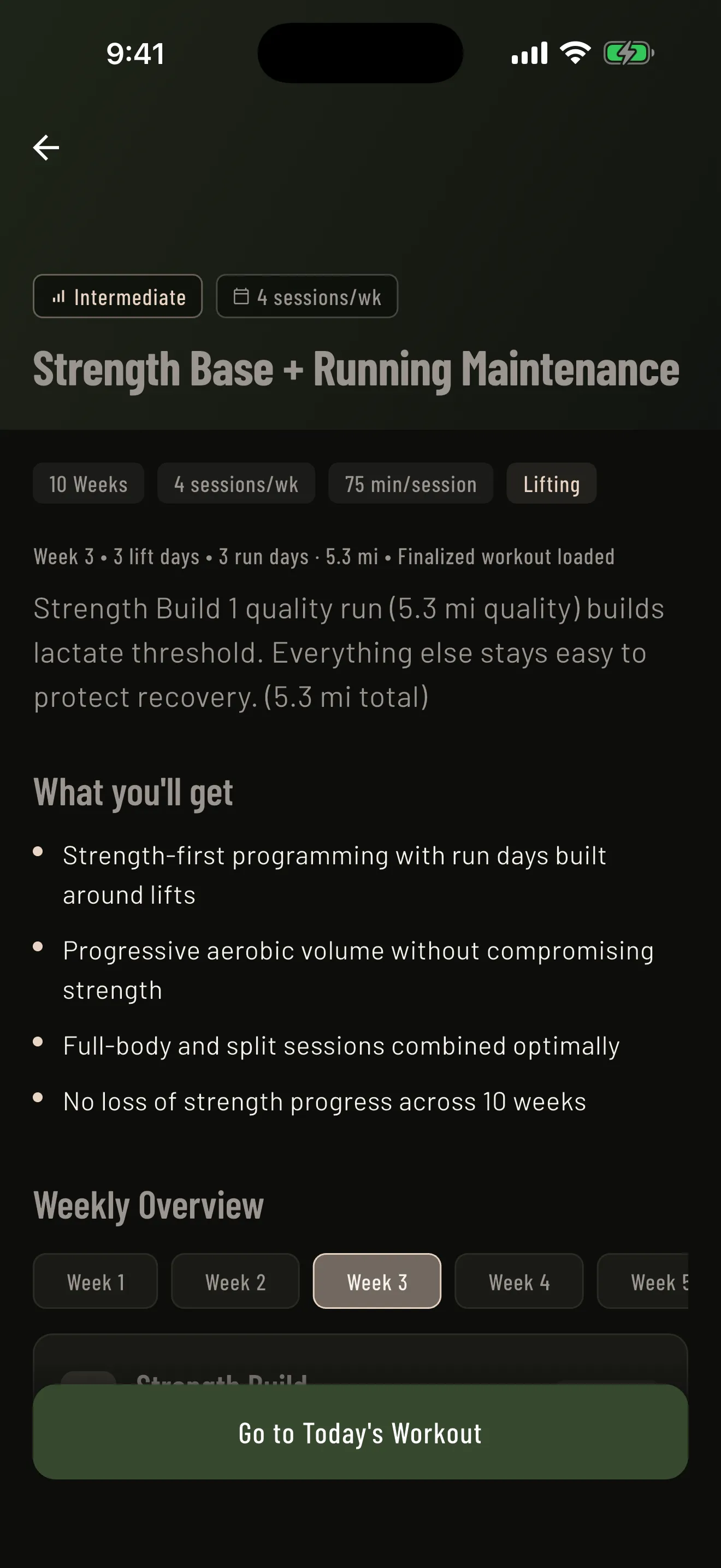 Mass in Motion multi-week schedule for the Strength Base + Running Maintenance program, showing lift and run days across the block