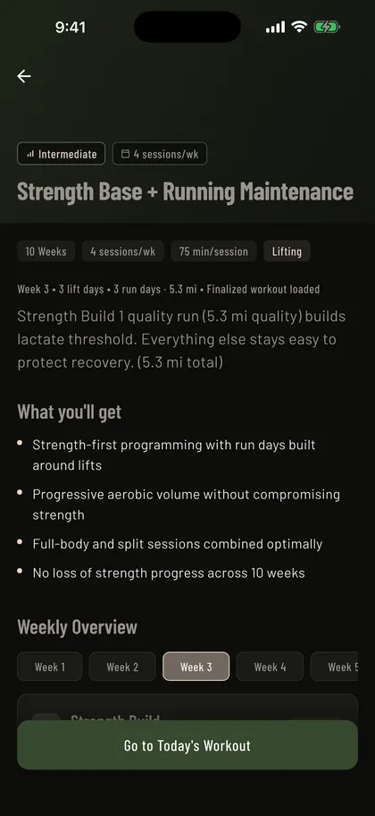 Mass in Motion Program Overview screen showing the full multi-week training schedule