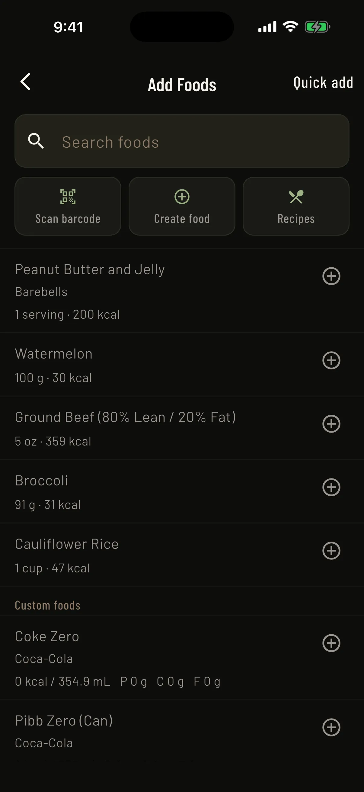 Mass in Motion Add Foods screen with search, quick add, barcode, create food, recipes, and saved custom foods