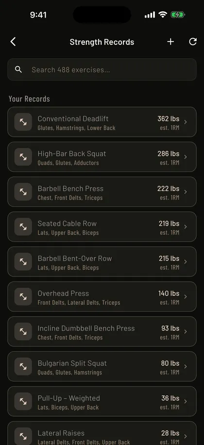Mass in Motion Strength Records screen showing estimated one-rep max history for tracked lifts