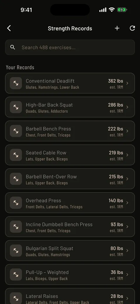 Mass in Motion Strength Records screen showing estimated one-rep max history for tracked lifts