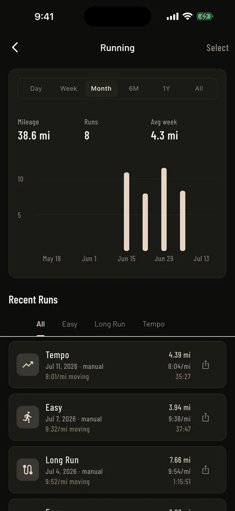 Mass in Motion Running History screen listing completed runs with distance, pace, and duration