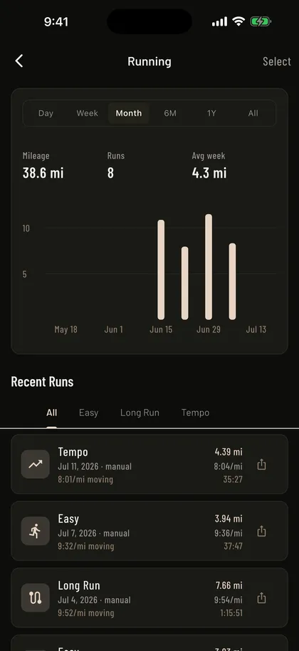 Mass in Motion Running History screen listing completed runs with distance, pace, and duration