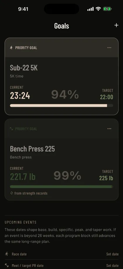 Goals screen tracking an active strength and running goal with progress