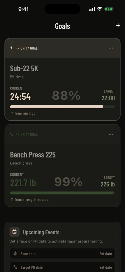 Goals screen tracking an active strength and running goal with progress