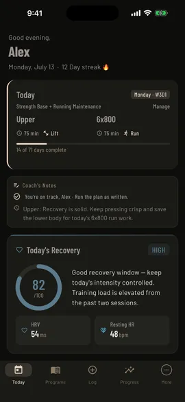 Mass in Motion Today screen showing a lift and run session, coach notes, and recovery guidance