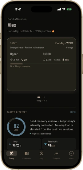 Mass in Motion Today screen on iPhone showing scheduled lift and run sessions, recovery guidance, and nutrition totals