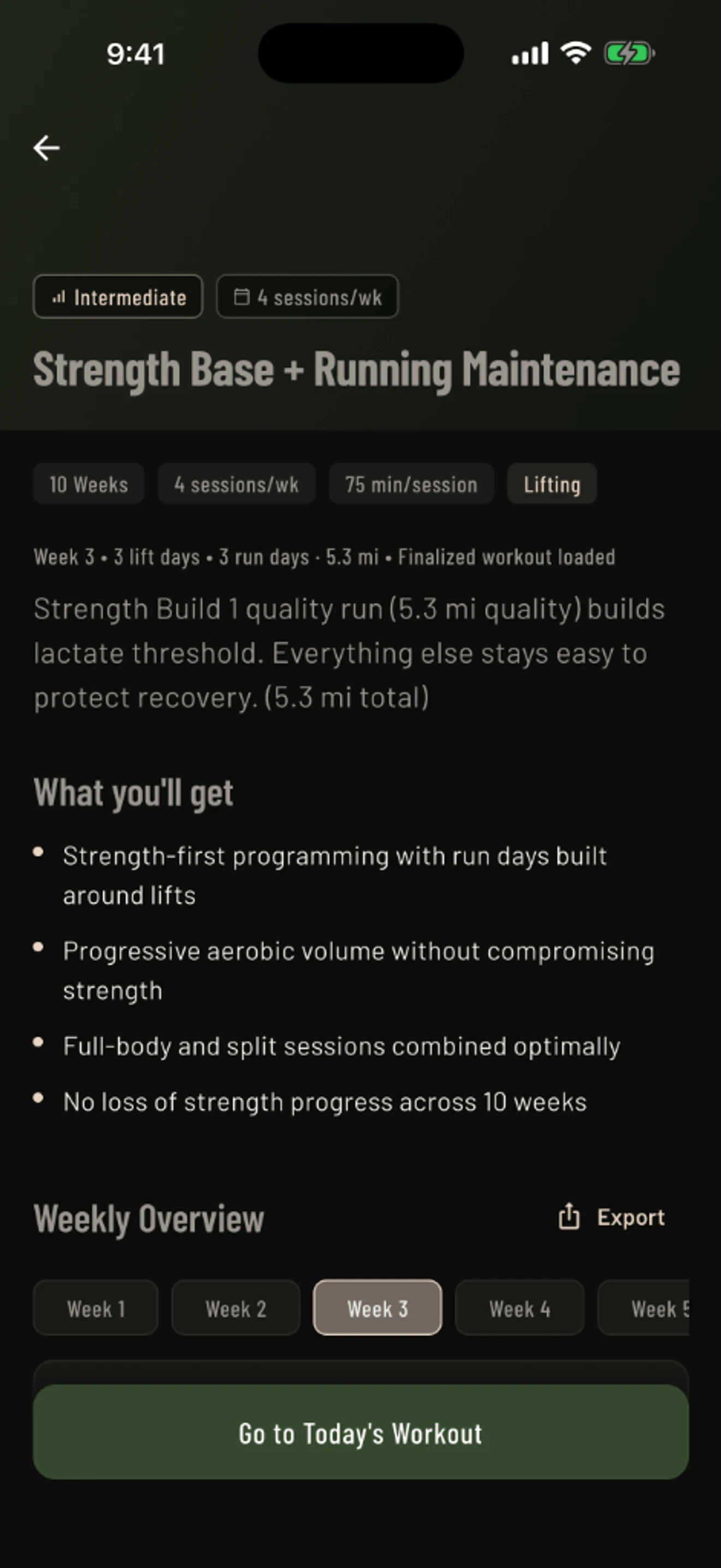 Mass in Motion multi-week schedule for the Strength Base + Running Maintenance program, showing lift and run days across the block