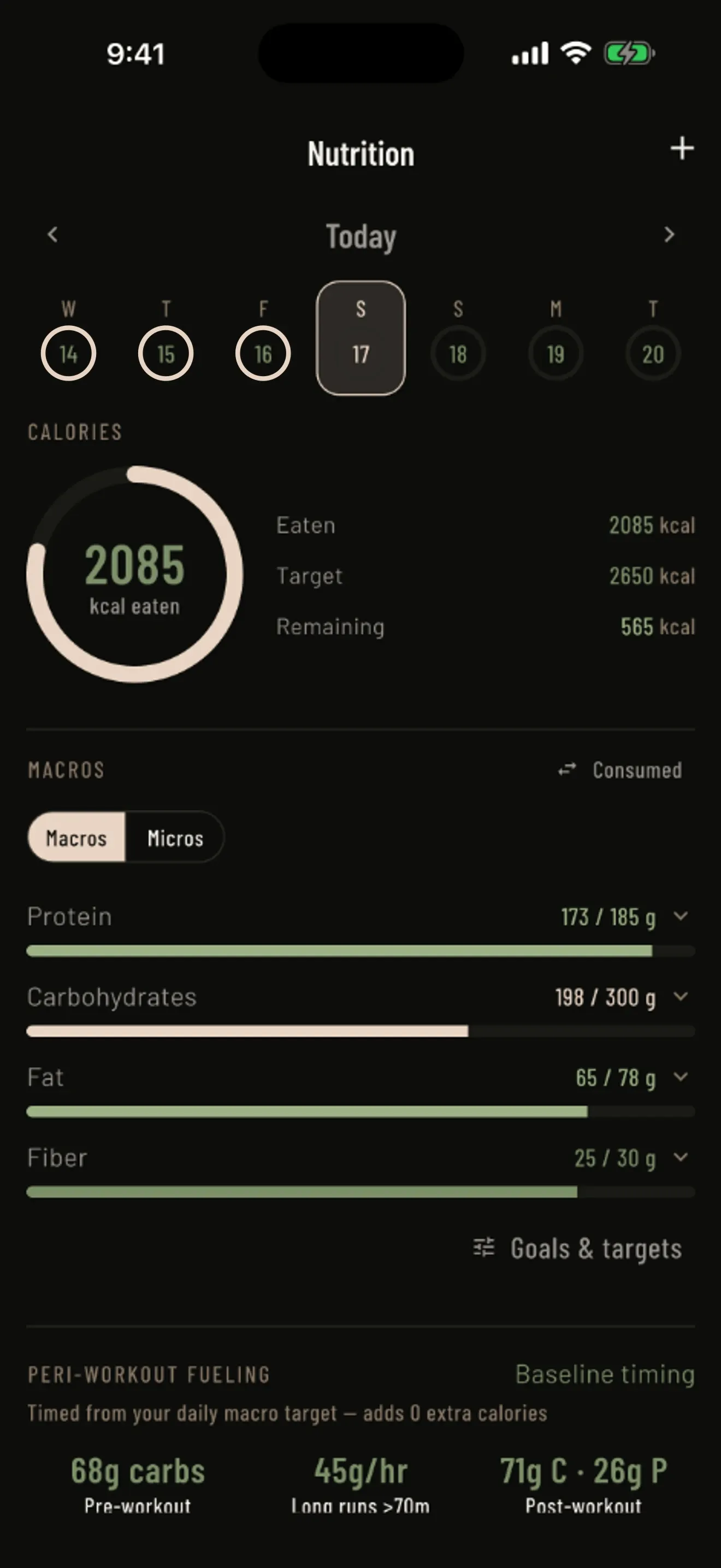 Mass in Motion nutrition day screen showing calories eaten against target with macro progress bars